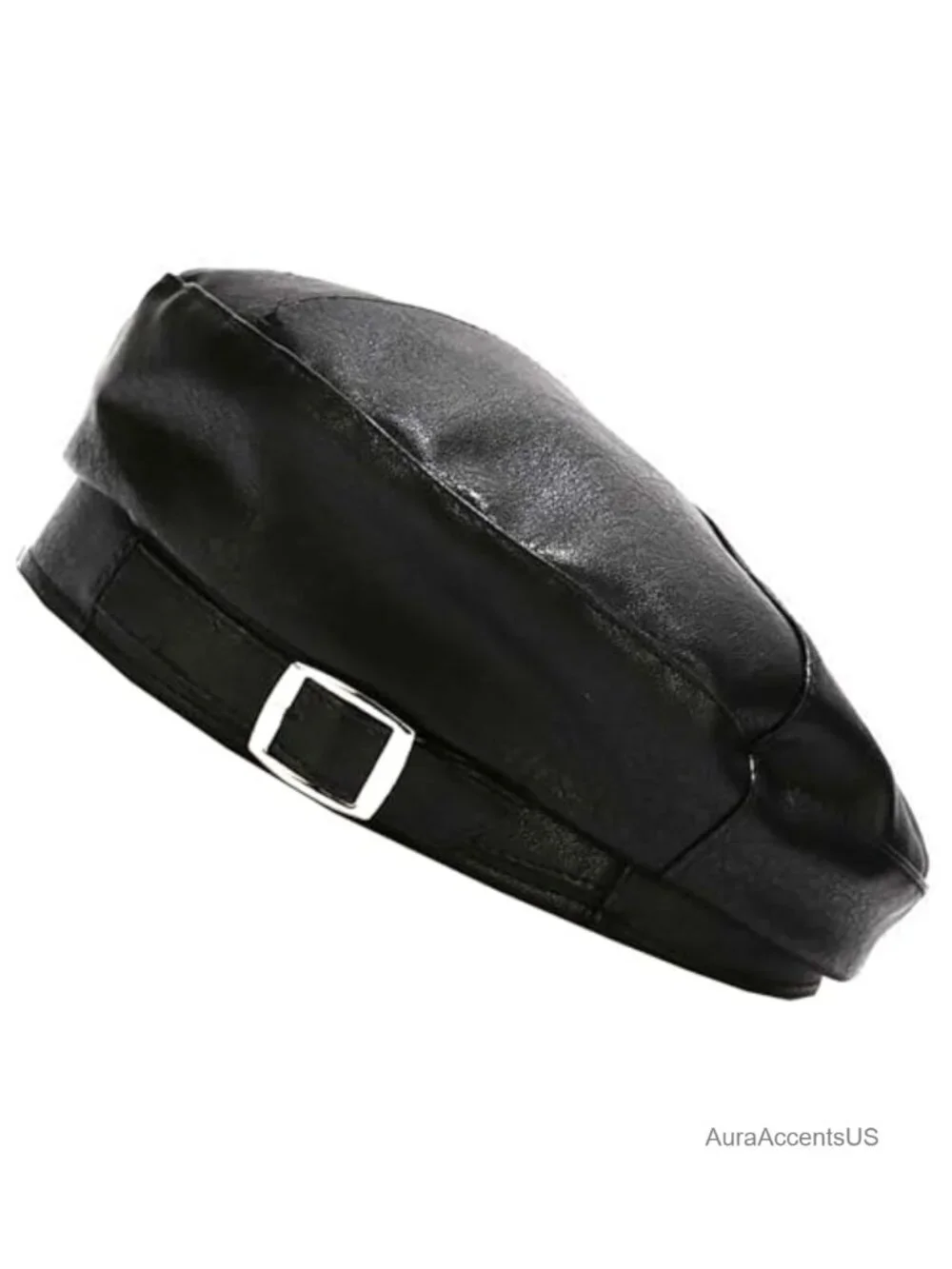 PU Leather Beret Hat Solid Color French Slouchy Tam Cap